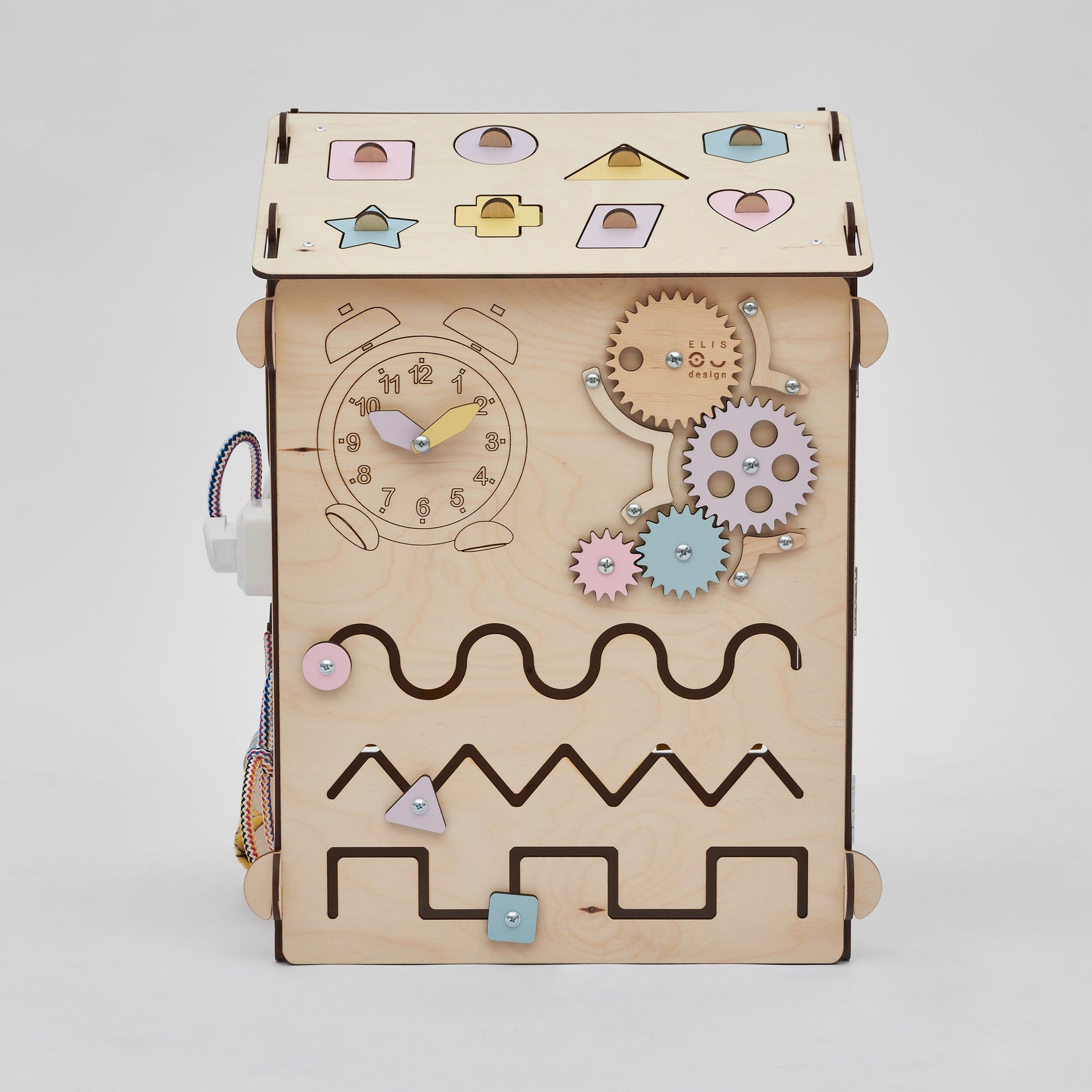 BusyKids set – Busy Board speelhuisje naturel/pastel met creatieve kubus