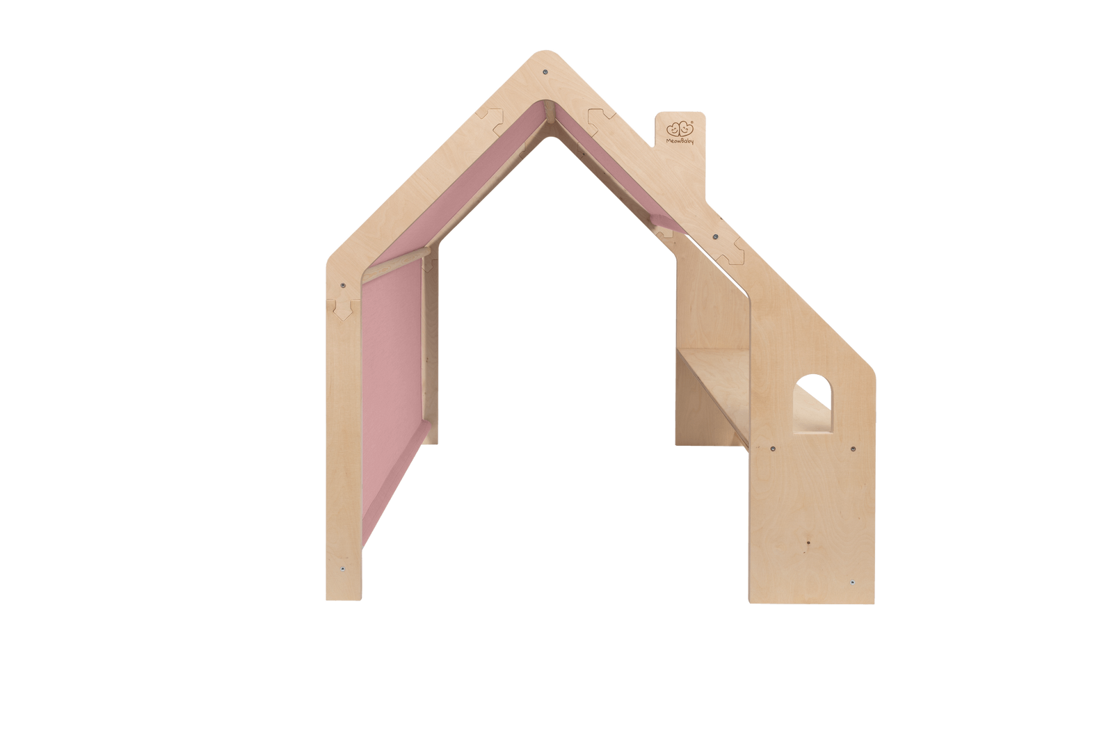 houten speelhuisje naturel met roze dak voor kinderkamer