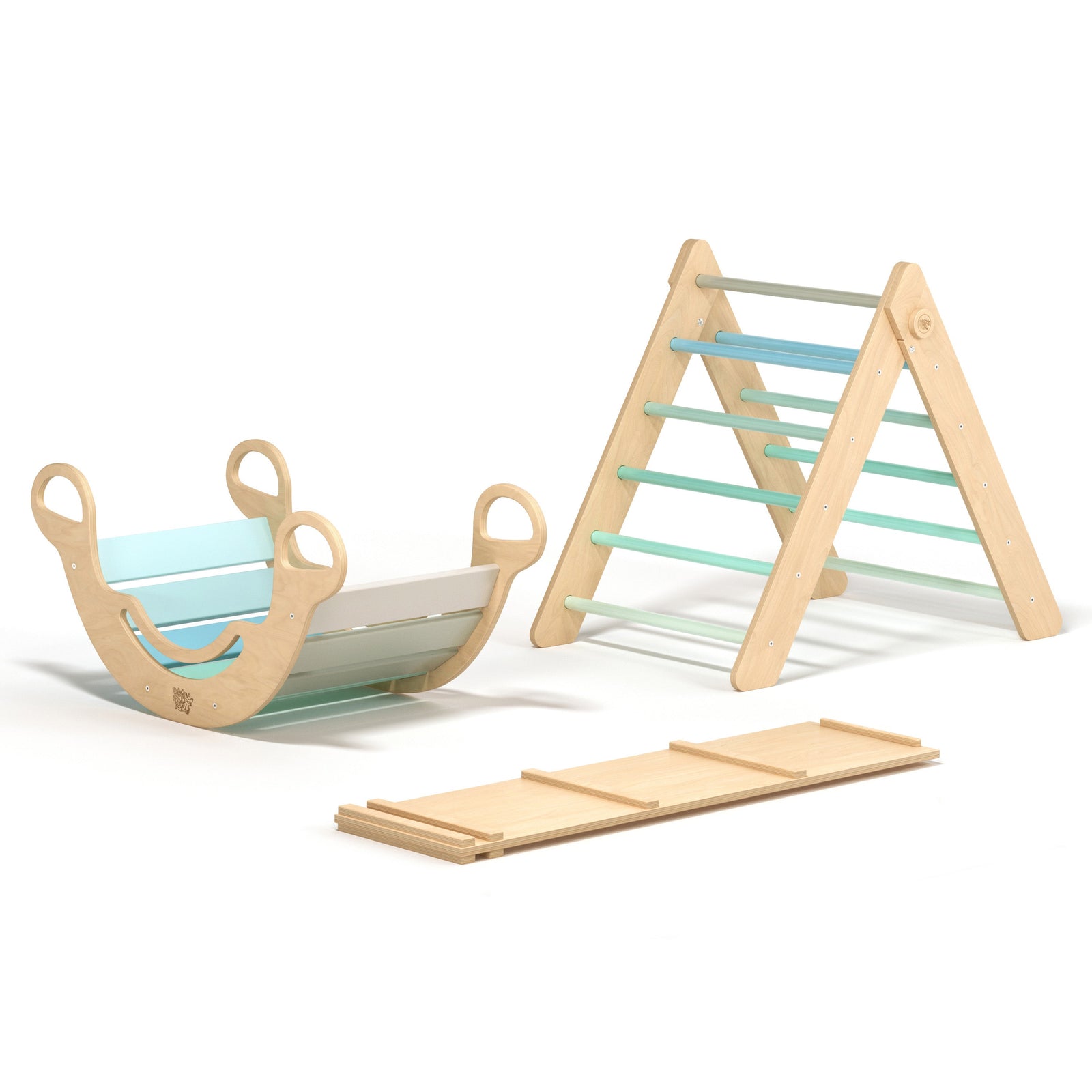 BusyKids Pikler set – driehoek, plank & balanswip – regenboog – productbeeld 16