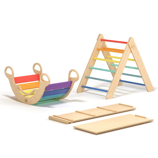 Pikler Dreieck + 2 doppelseitige Bretter + Holzschaukel BusyKids (groß) - Helle Farben