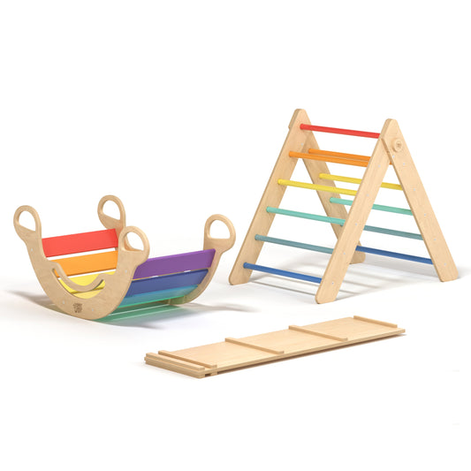 Pikler Dreieck + doppelseitiges Brett + hölzernes BusyKids Schaukelset - Farbe hell