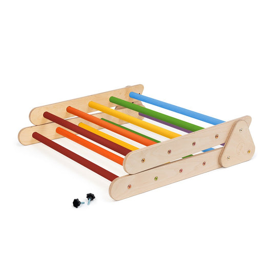 Pikler klimdriehoek, klimkubus met ladder en glijbaan/klimhelling - regenboog