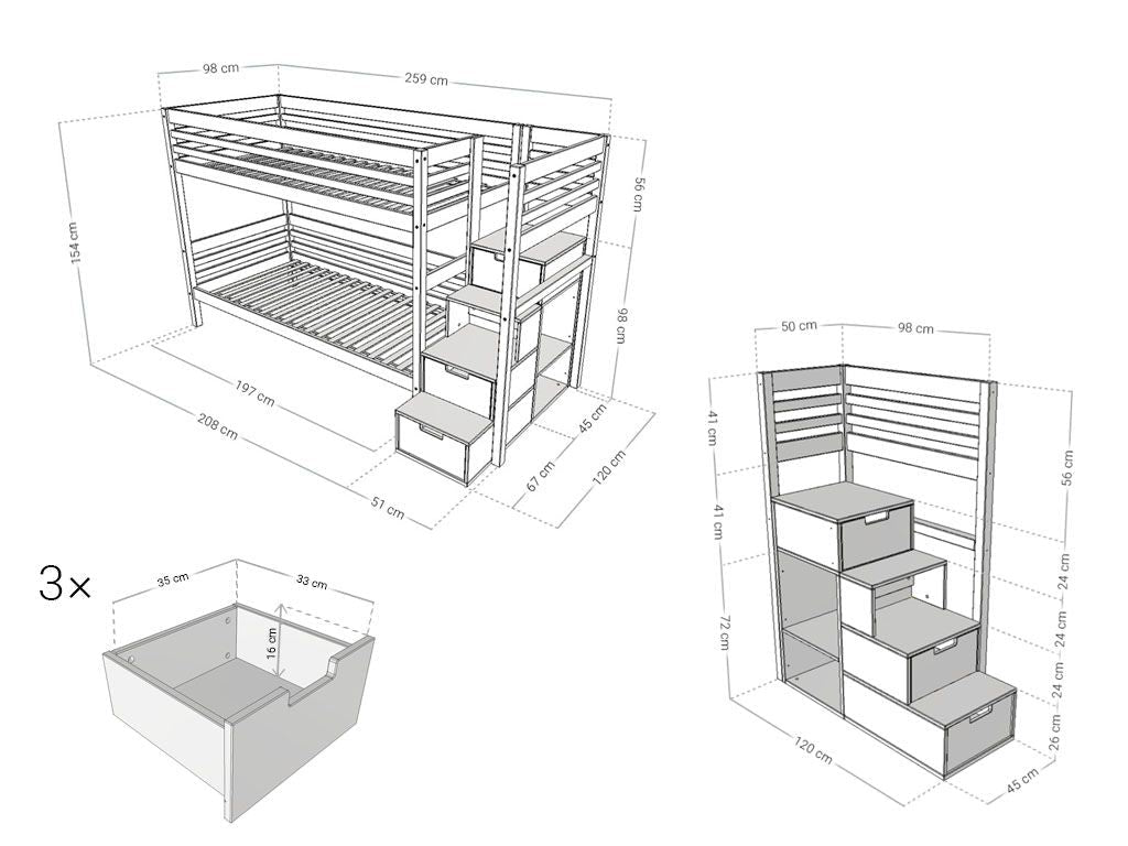 Benlemi Etagenbett TULY — 90×200 mit Stauraumtreppe, Maßzeichnung (Beispiel 90 × 200 cm)