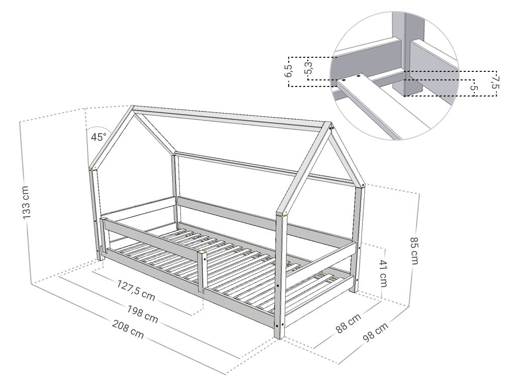 Maße Benlemi LUCKY Hausbett mit Seitendach und Bettgitter 90x200