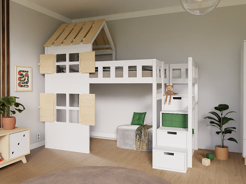 Benlemi COTTAGE hoogslaper 90x200 met half dak en opbergtrap
