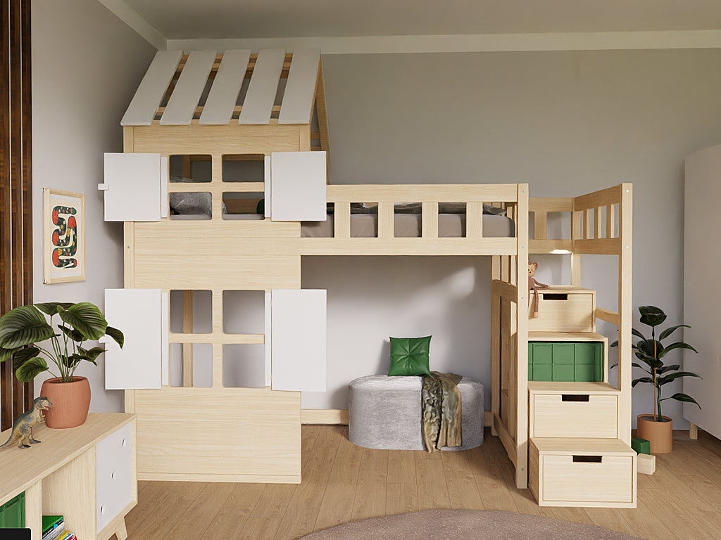 Benlemi COTTAGE hoogslaper met half dak in wit en naturel