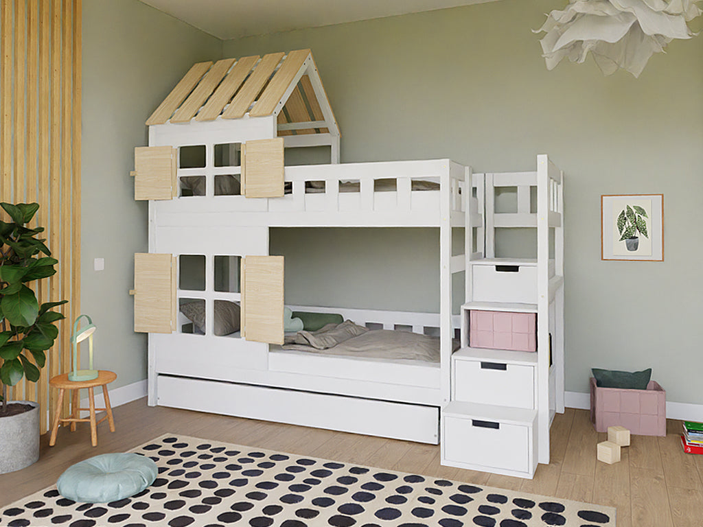 Benlemi COTTAGE stapelbed 90x200 met half dak en opbergtrap