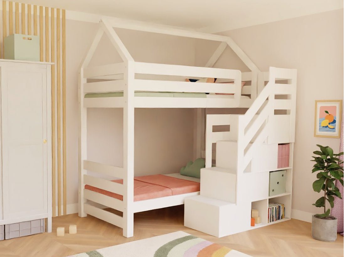 Huisbed Alpy stapelbed - trap voorkant met opbergruimte -