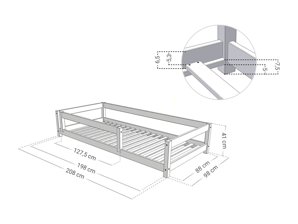 Afmetingen Benlemi LUCKY kinderbed met achterrand en bedhekje 90x200