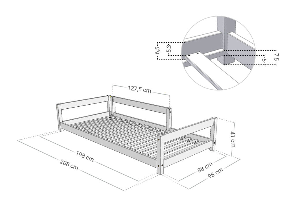 Afmetingen Benlemi LUCKY kinderbed met twee hoofdborden en bedhekje 90x200