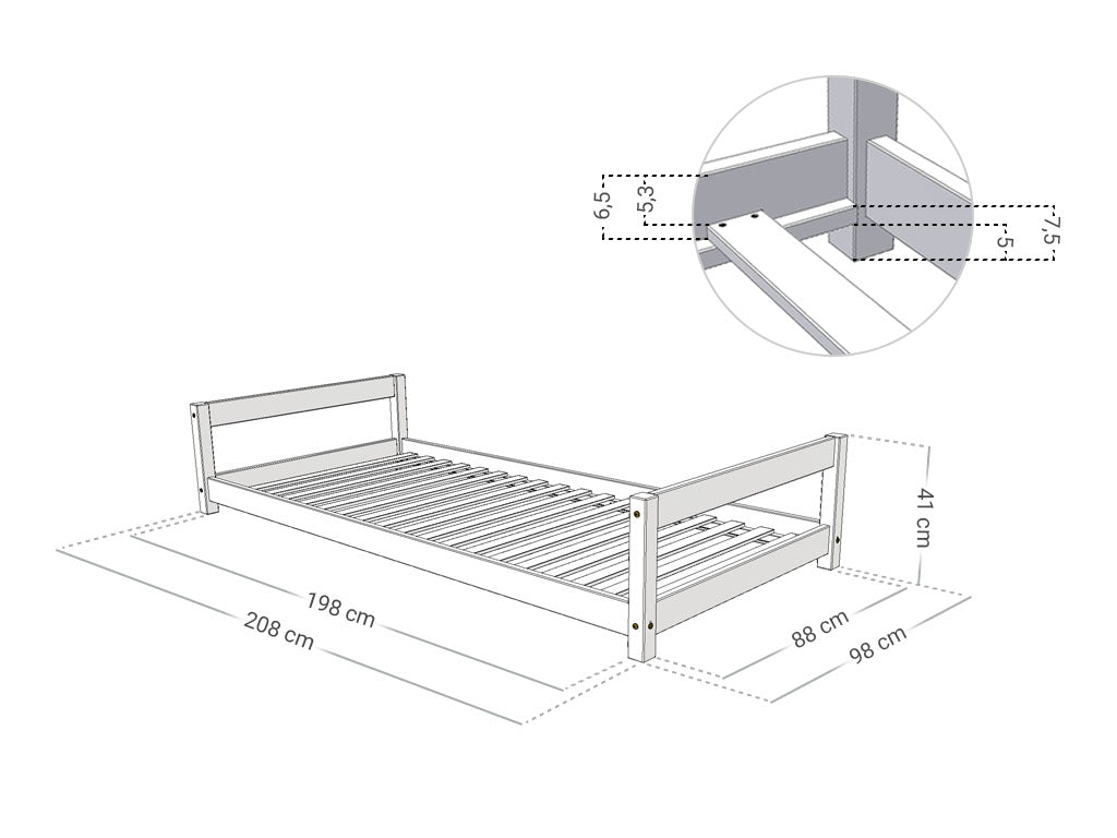Afmetingen Benlemi LUCKY kinderbed met twee hoofdborden 90x200