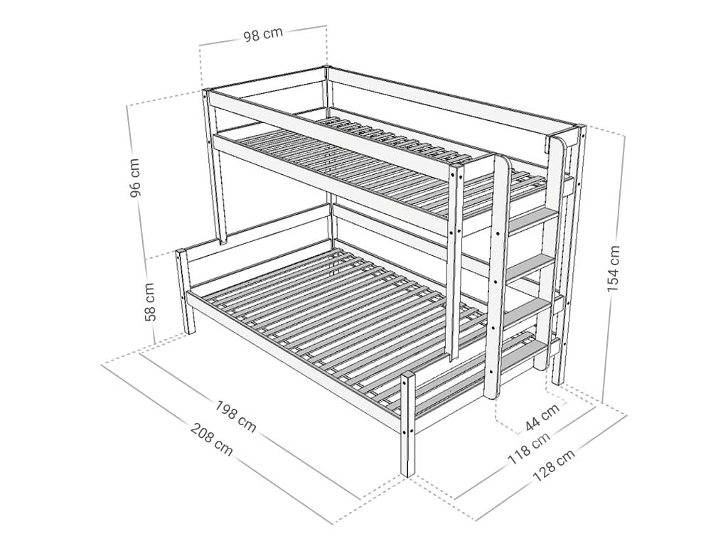 Afmetingen Benlemi LUCKY stapelbed met ladder aan de zijkant