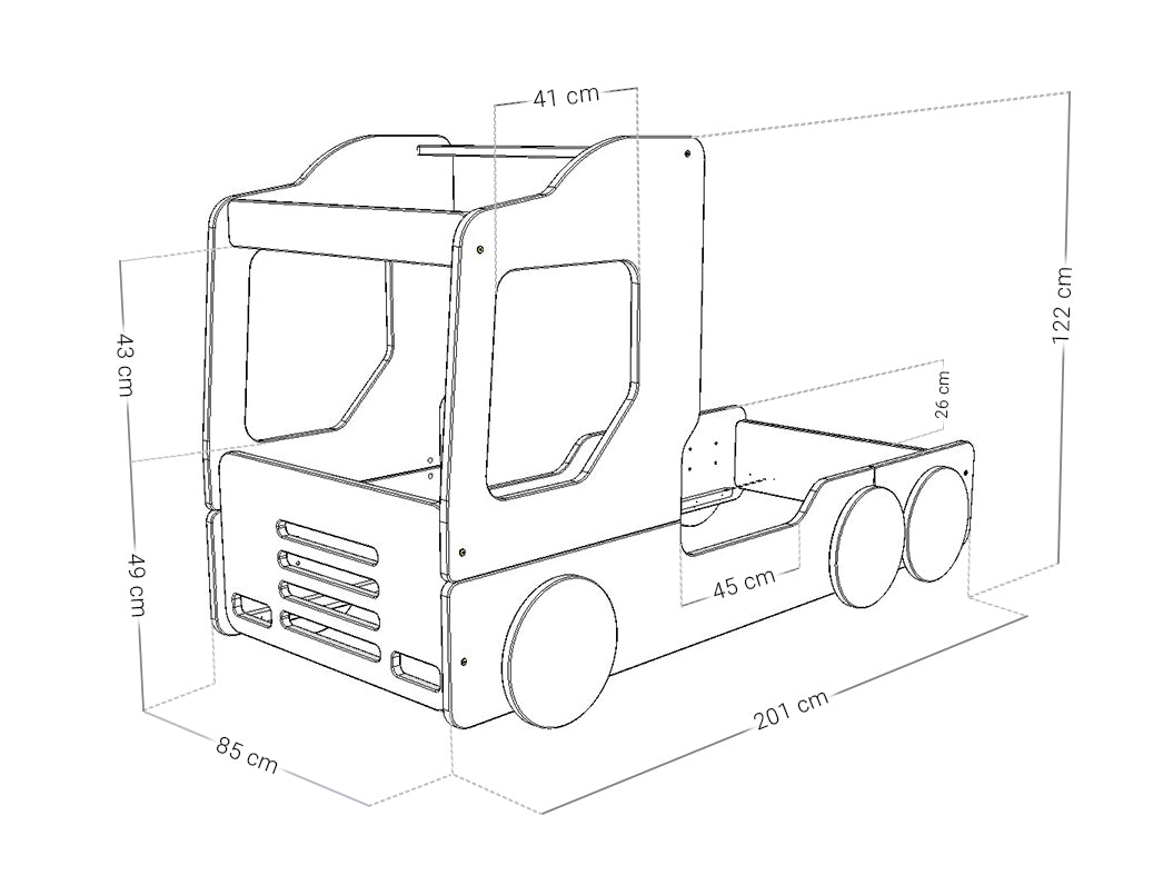 Afmetingen Benlemi TRUCKY autobed 80 × 190 cm