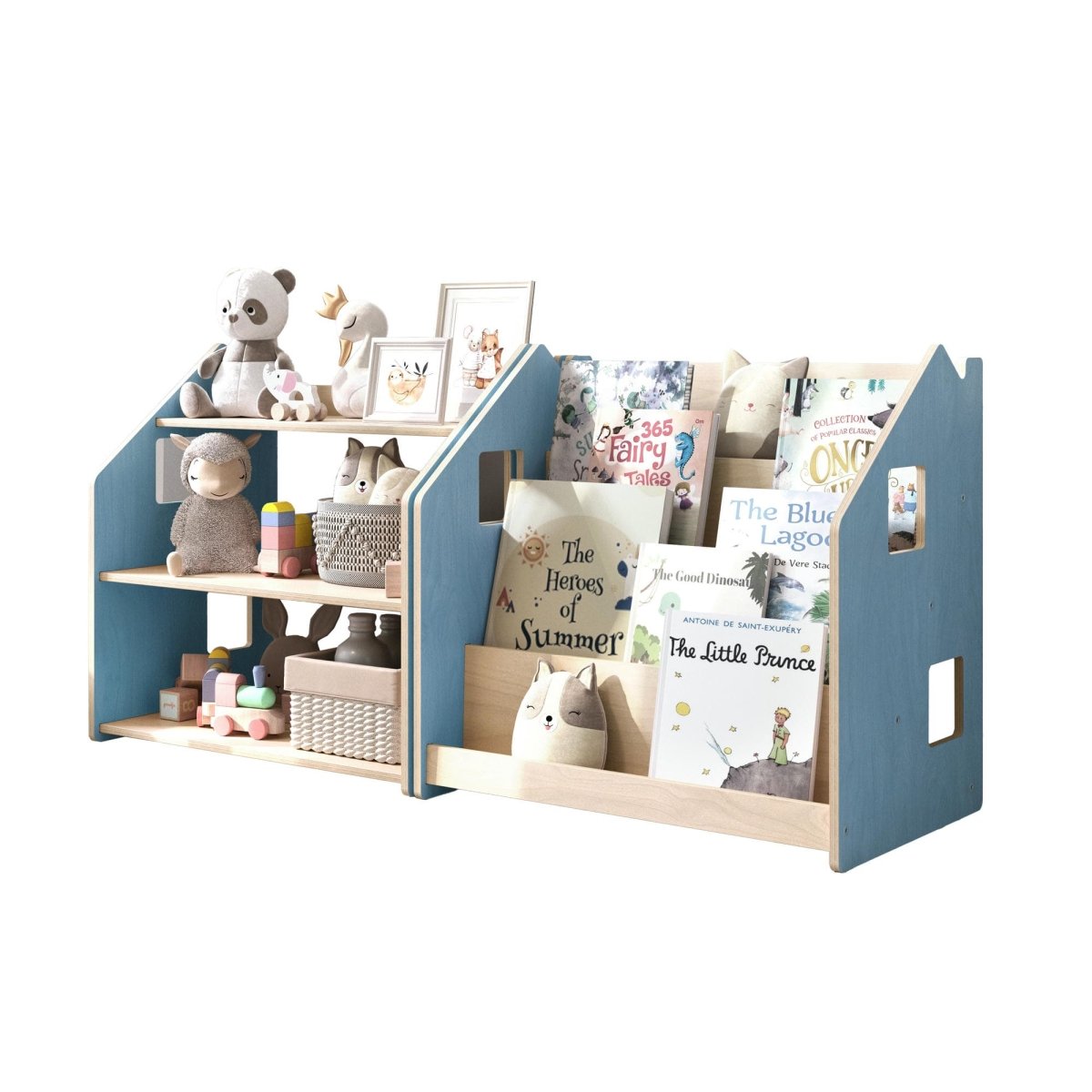 Freigestelltes Produktbild BusyKids Set aus Bücherregal und Spielzeugregal – Zartblau/Rosa