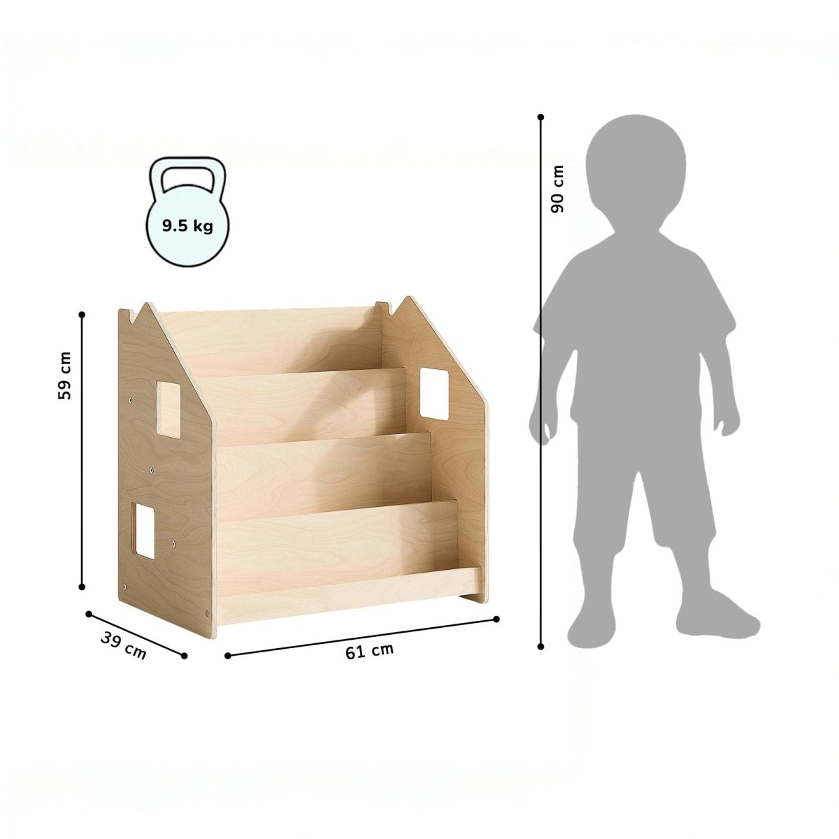 Maßbild BusyKids Montessori-Bücherregal – Natur: 61 × 39 × 59 cm