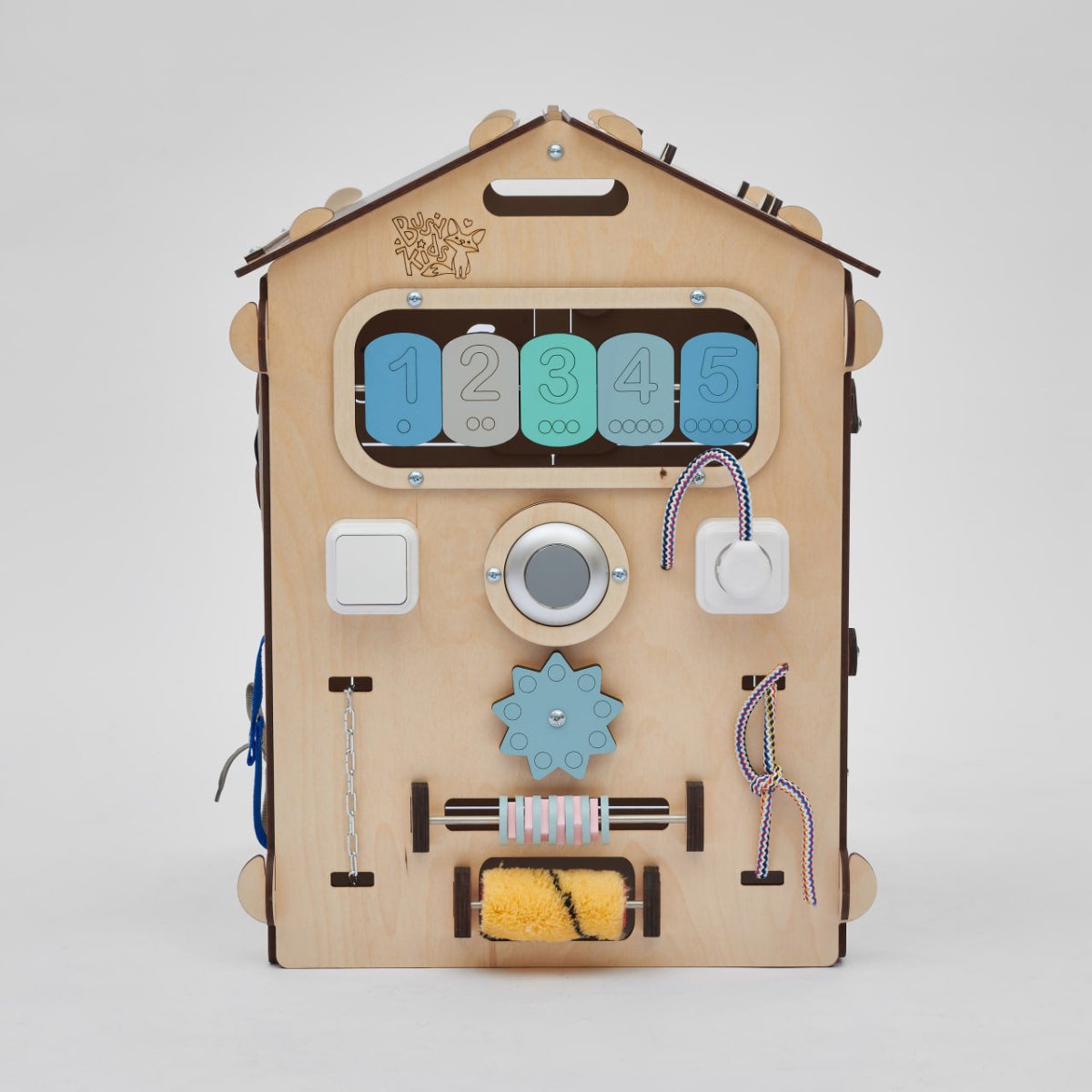 BusyKids set – Busy Board speelhuisje naturel/mint met creatieve kubus-Speelhuisje set
