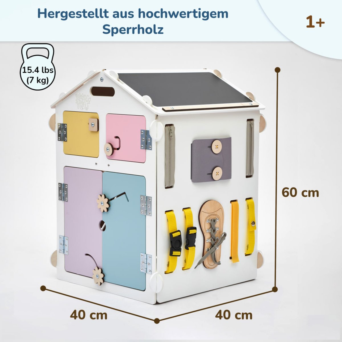BusyKids set – Busy Board speelhuisje wit/pastel met creatieve kubus-Speelhuisje set
