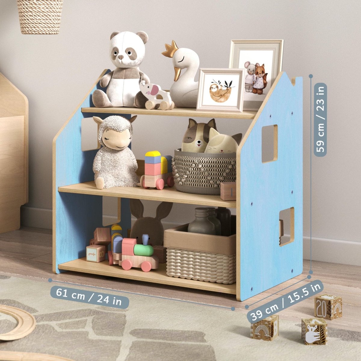 Maßbild BusyKids Spielzeugregal – Zartblau/Rosa: 61 × 39 × 59 cm