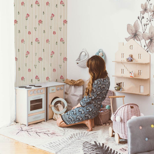 Dekornik Pink roses on stripes kinderbehang
