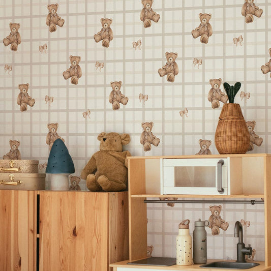 Dekornik Teddy Bears on Check Beige kinderbehang