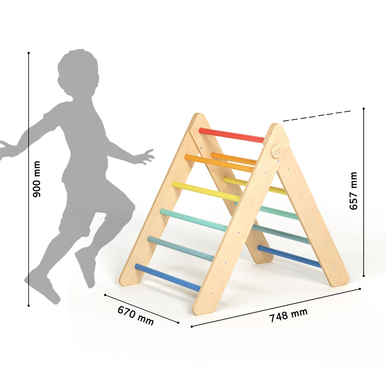 BusyKids Pikler set – driehoek, plank & balanswip – regenboog – productbeeld 9