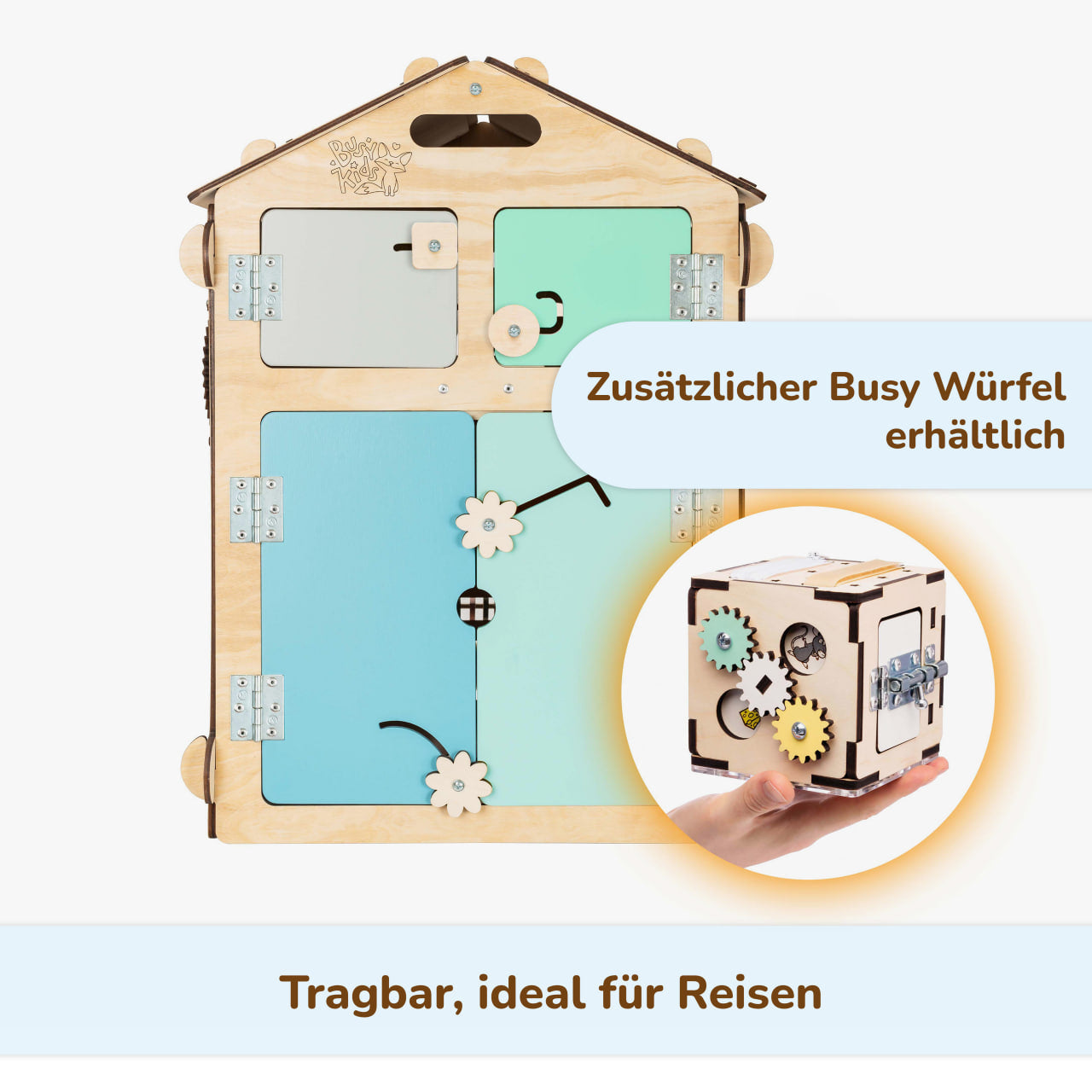 Set - BusyBoard Häuschen natura/mint und kreativer Würfel