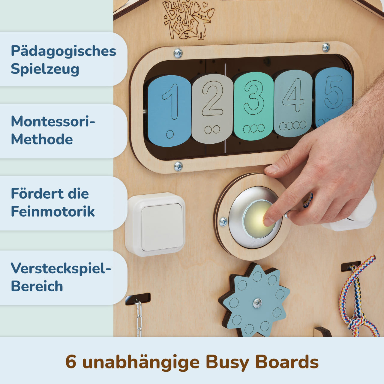 Set - BusyBoard Häuschen natura/mint und kreativer Würfel