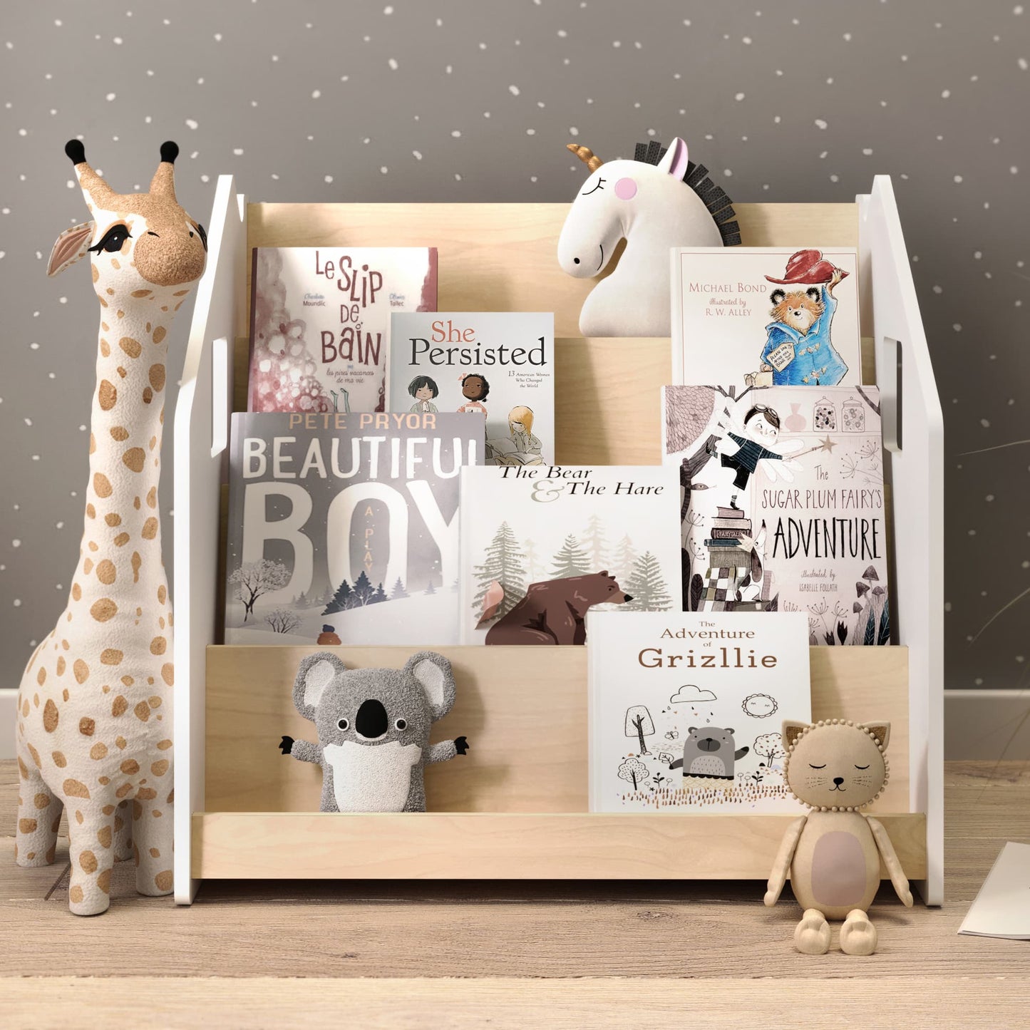 BusyKids Montessori boekenkast – wit en grijs