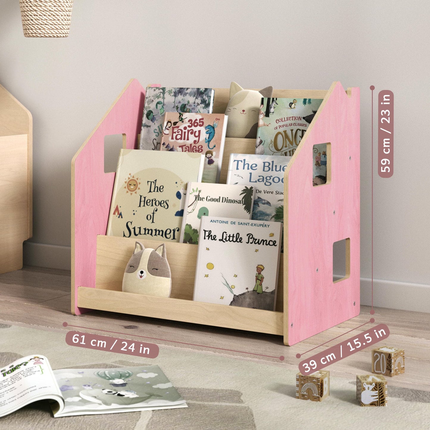 Maatafbeelding van BusyKids Montessori boekenkast – zachtblauw/roze: 61 × 39 × 59 cm