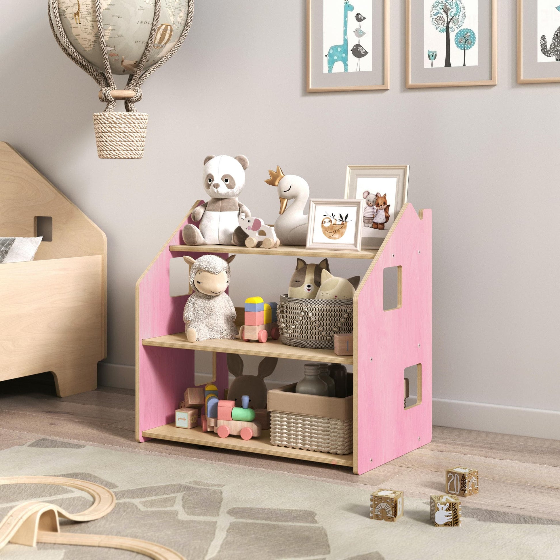 BusyKids boekenkast en speelgoedrek set – zachtblauw/roze