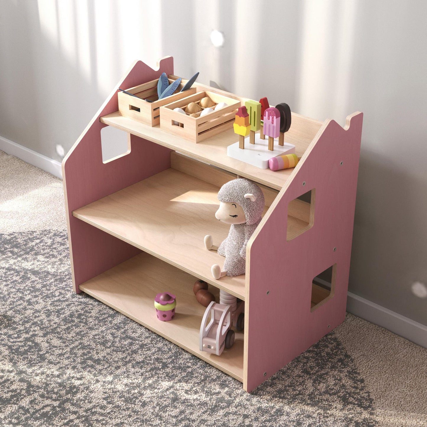 BusyKids boekenkast en speelgoedrek set – zachtblauw/roze