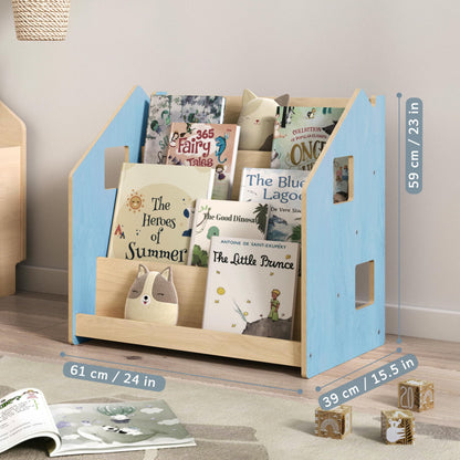 Maatafbeelding van BusyKids Montessori boekenkast – zachtblauw/roze: 61 × 39 × 59 cm
