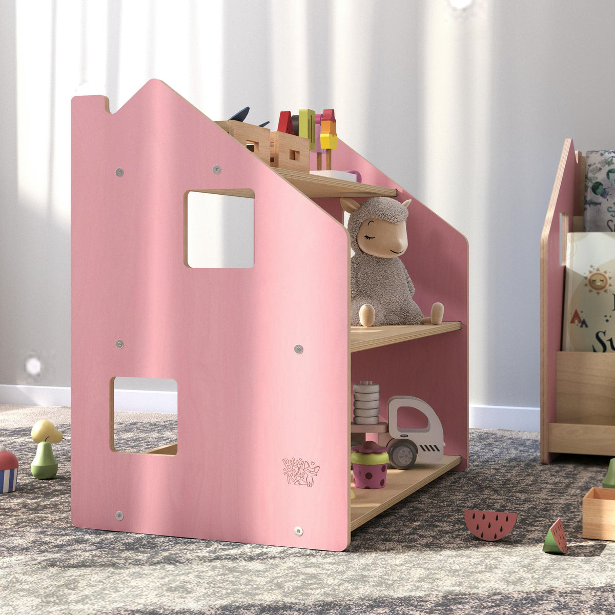 BusyKids boekenkast en speelgoedrek set – zachtblauw/roze