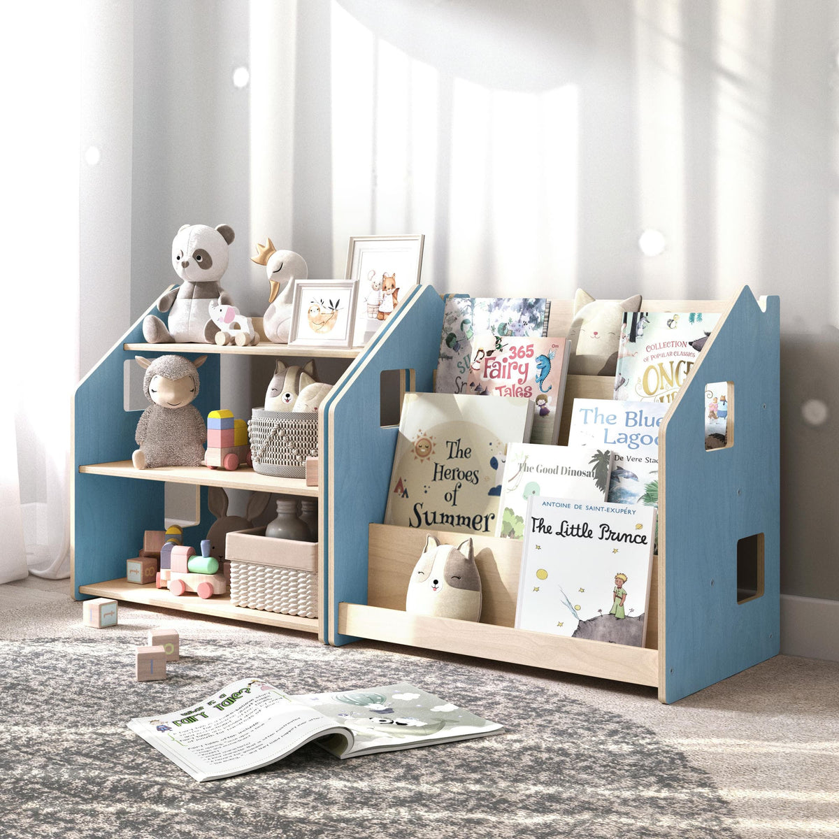 BusyKids boekenkast en speelgoedrek set – zachtblauw/roze