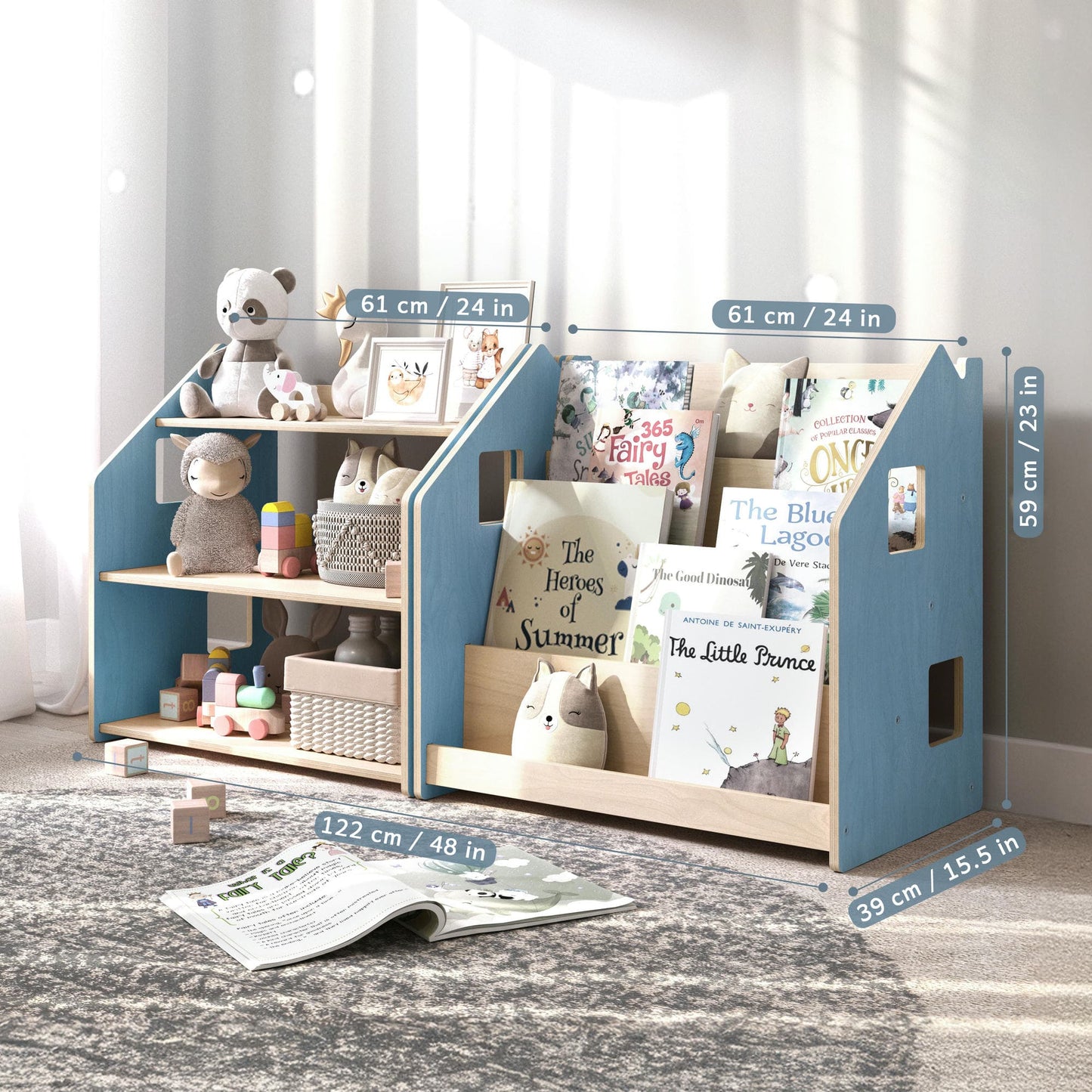 Maatafbeelding van BusyKids boekenkast en speelgoedrek set – zachtblauw/roze: 61 × 39 × 59 cm