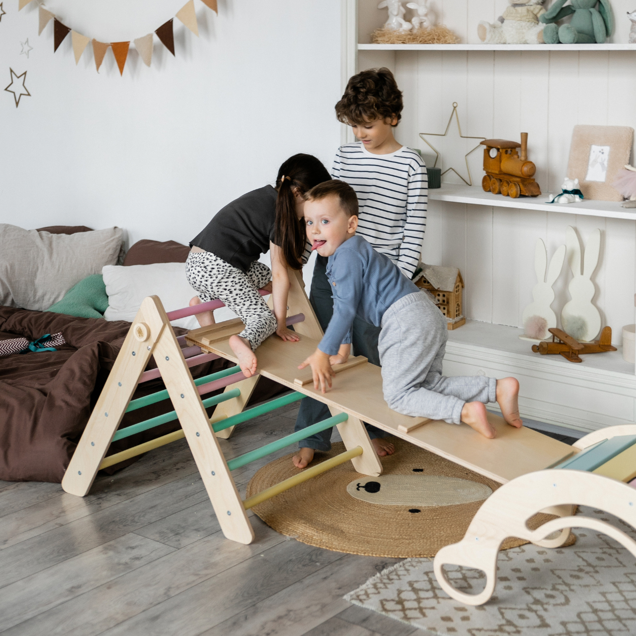 Pikler Triangle + double-sided board + wooden BusyKids Swing set  - colour bright