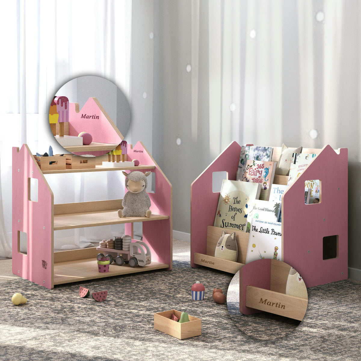 Kind bij BusyKids boekenkast en speelgoedrek set – zachtblauw/roze in de kinderkamer