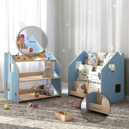 Kind bij BusyKids boekenkast en speelgoedrek set – zachtblauw/roze in de kinderkamer