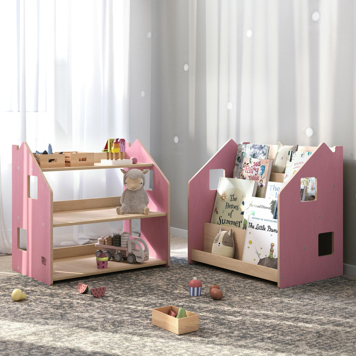 BusyKids Montessori boekenkast – zachtblauw/roze