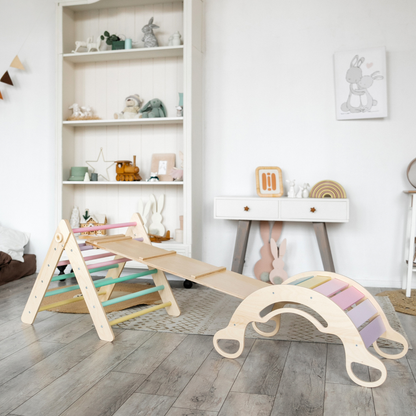 Pikler Triangle + double-sided board + wooden BusyKids Swing set  - colour bright