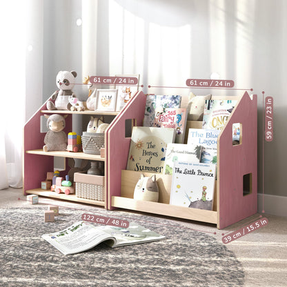 Maatafbeelding van BusyKids boekenkast en speelgoedrek set – zachtblauw/roze: 61 × 39 × 59 cm