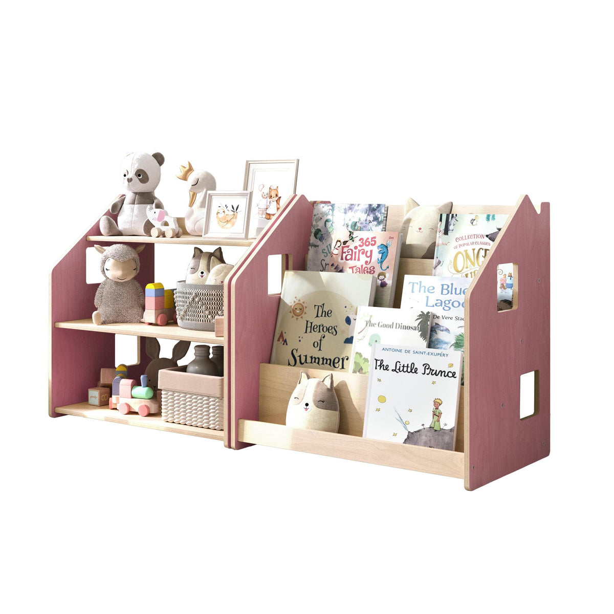 Vrijstaand productbeeld van BusyKids boekenkast en speelgoedrek set – zachtblauw/roze