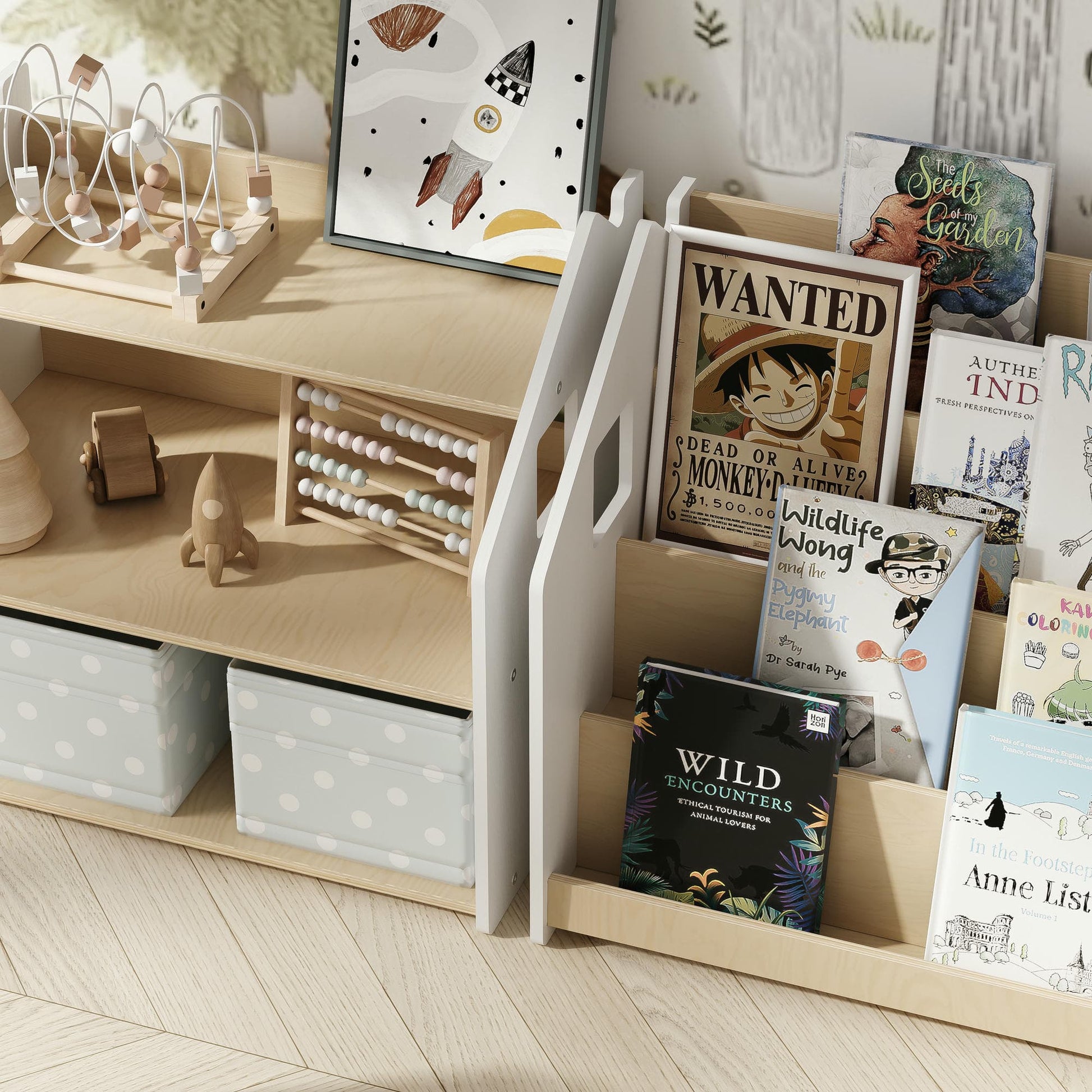 BusyKids boekenkast en speelgoedrek set – wit en grijs