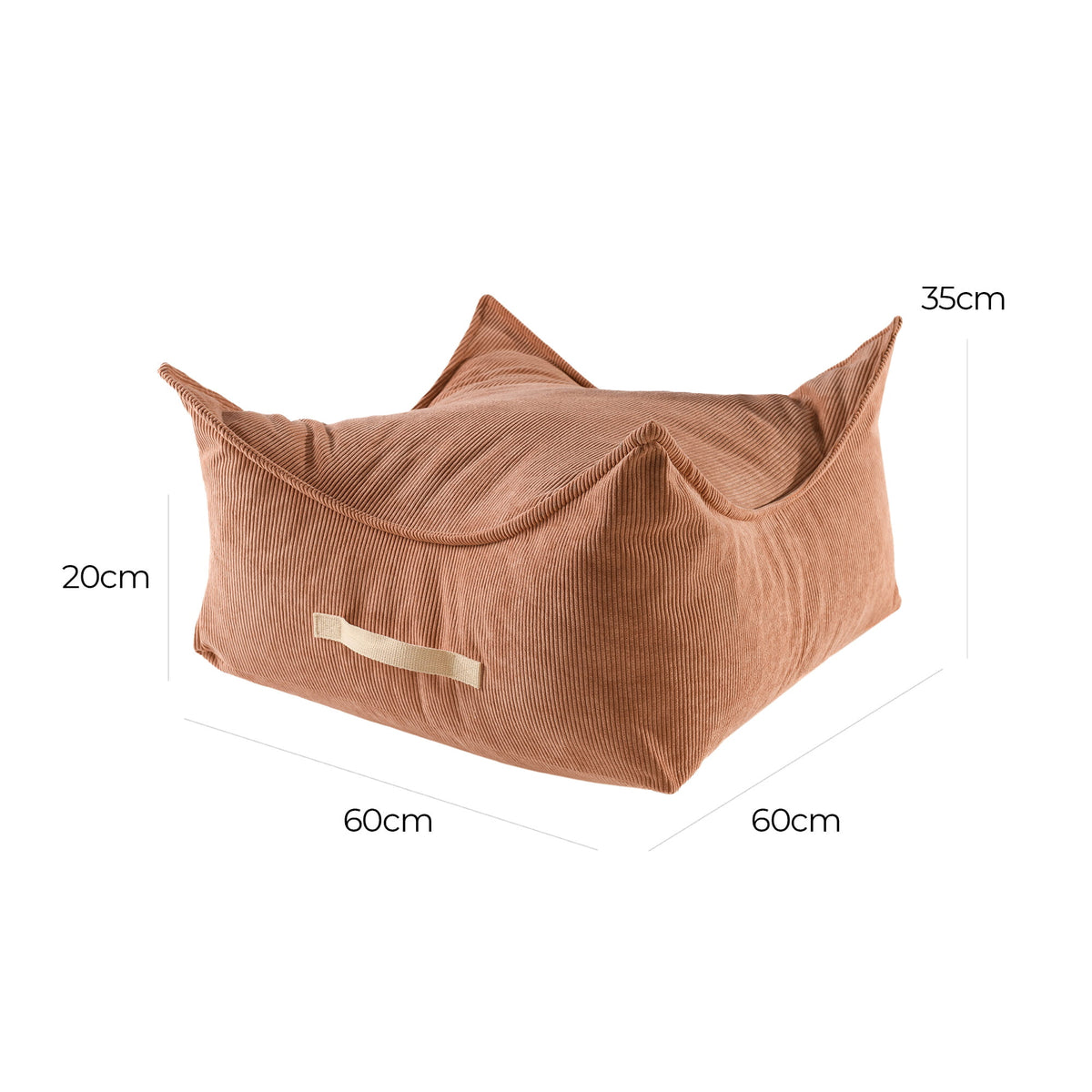 MeowBaby Slimcord vierkante ribstof zitzak terracotta detail