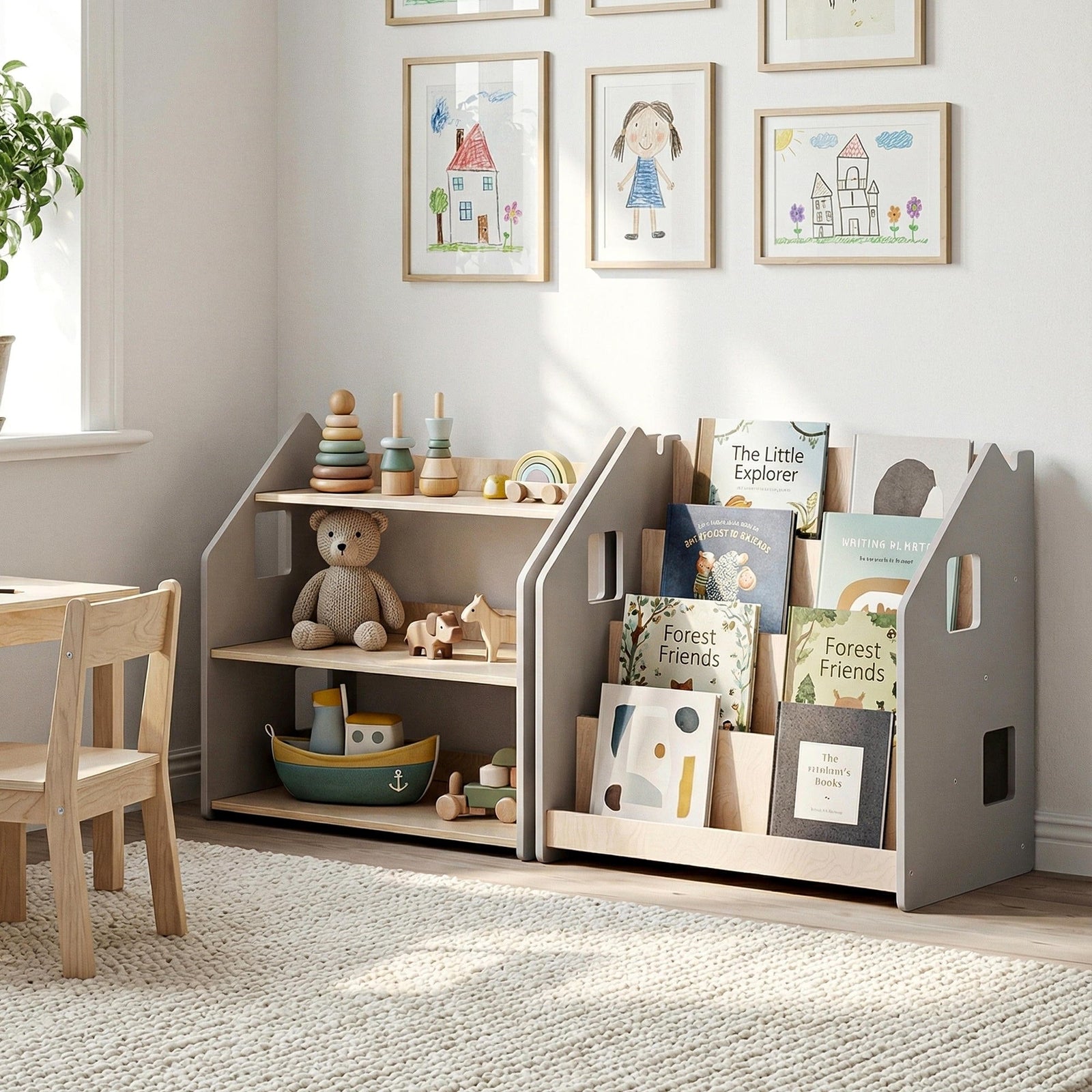 BusyKids Set aus Bücherregal und Spielzeugregal – Weiß und Grau