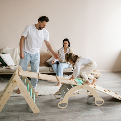 Pikler Triangle + 2 double-sided boards + wooden BusyKids Swing set (large) - Bright colour