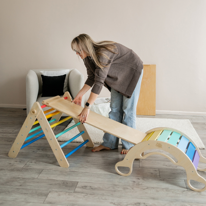 Pikler Triangle + double-sided board + wooden BusyKids Swing set  - colour bright