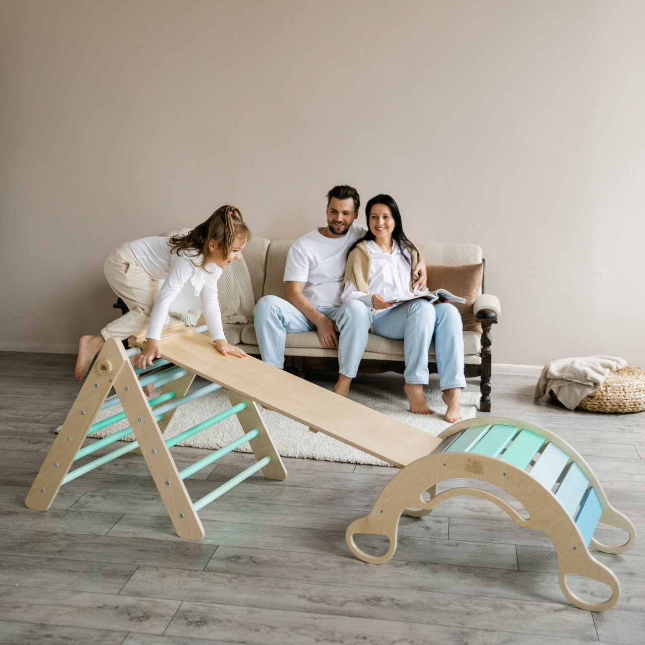 Pikler Triangle + double-sided board + wooden BusyKids Swing set  - colour bright