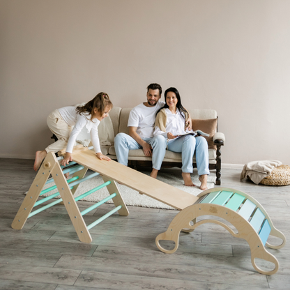 Pikler Triangle + double-sided board + wooden BusyKids Swing set  - colour bright