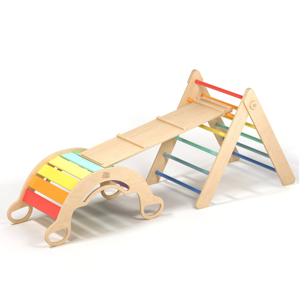 BusyKids Pikler set – driehoek, plank &amp; balanswip – regenboog – productbeeld 8